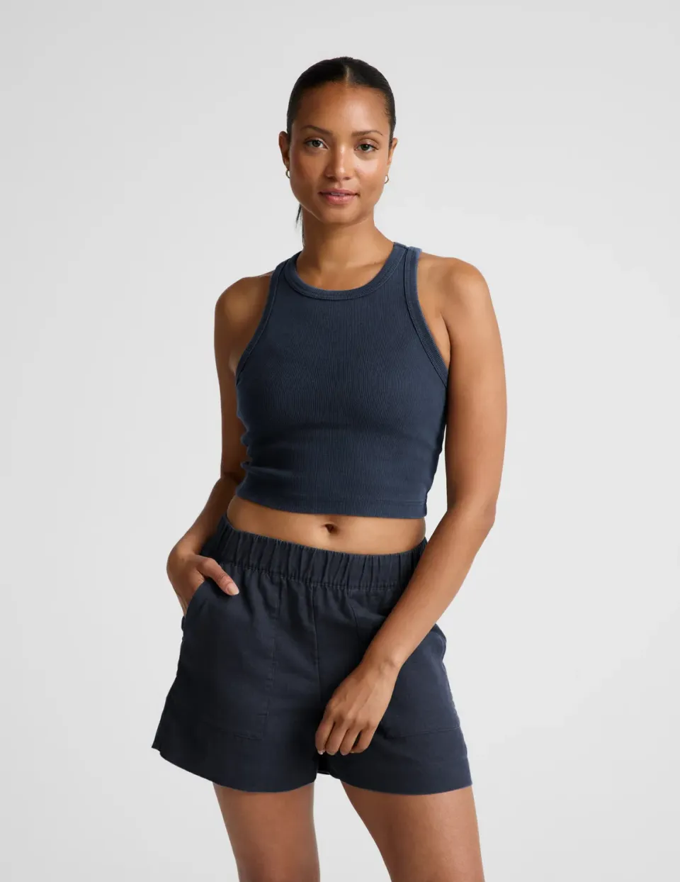 Beyond Yoga On Repeat Rib High Neck Cropped Tank linne Nocturnal Navy bomull