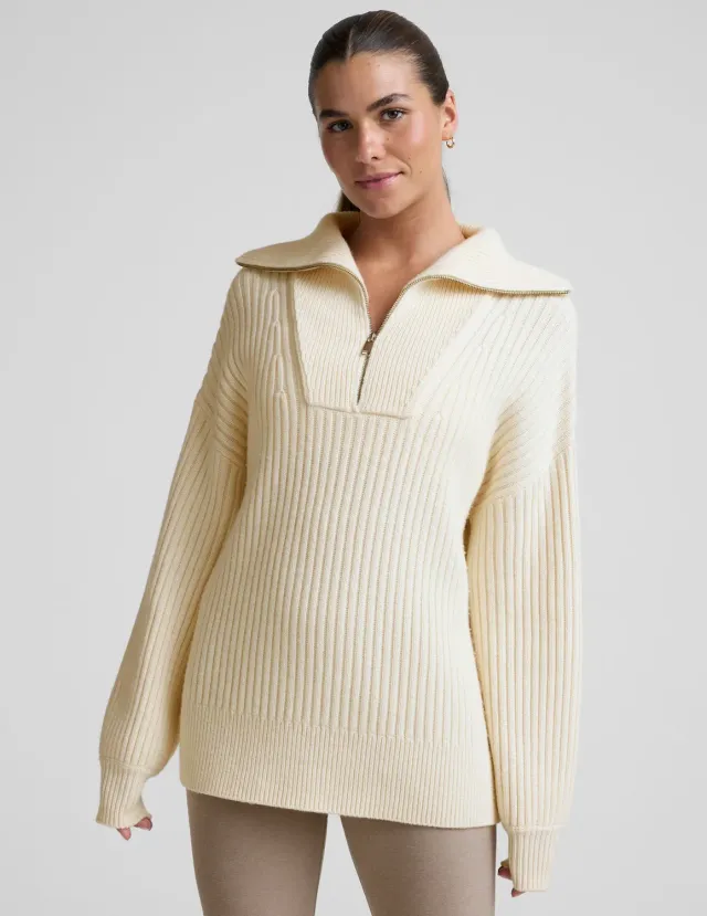 Beyond Yoga Wool Blend pullover ivory quarter zip relaxed