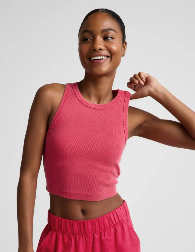 Beyond Yoga On Repeat Rib High Neck Cropped Tank linne Berry Red bomull