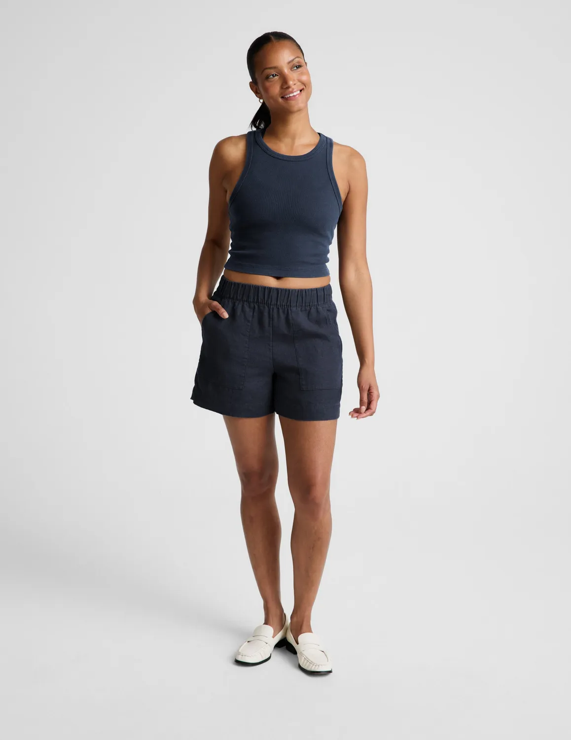 Beyond Yoga On Repeat Rib High Neck Cropped Tank linne Nocturnal Navy bomull