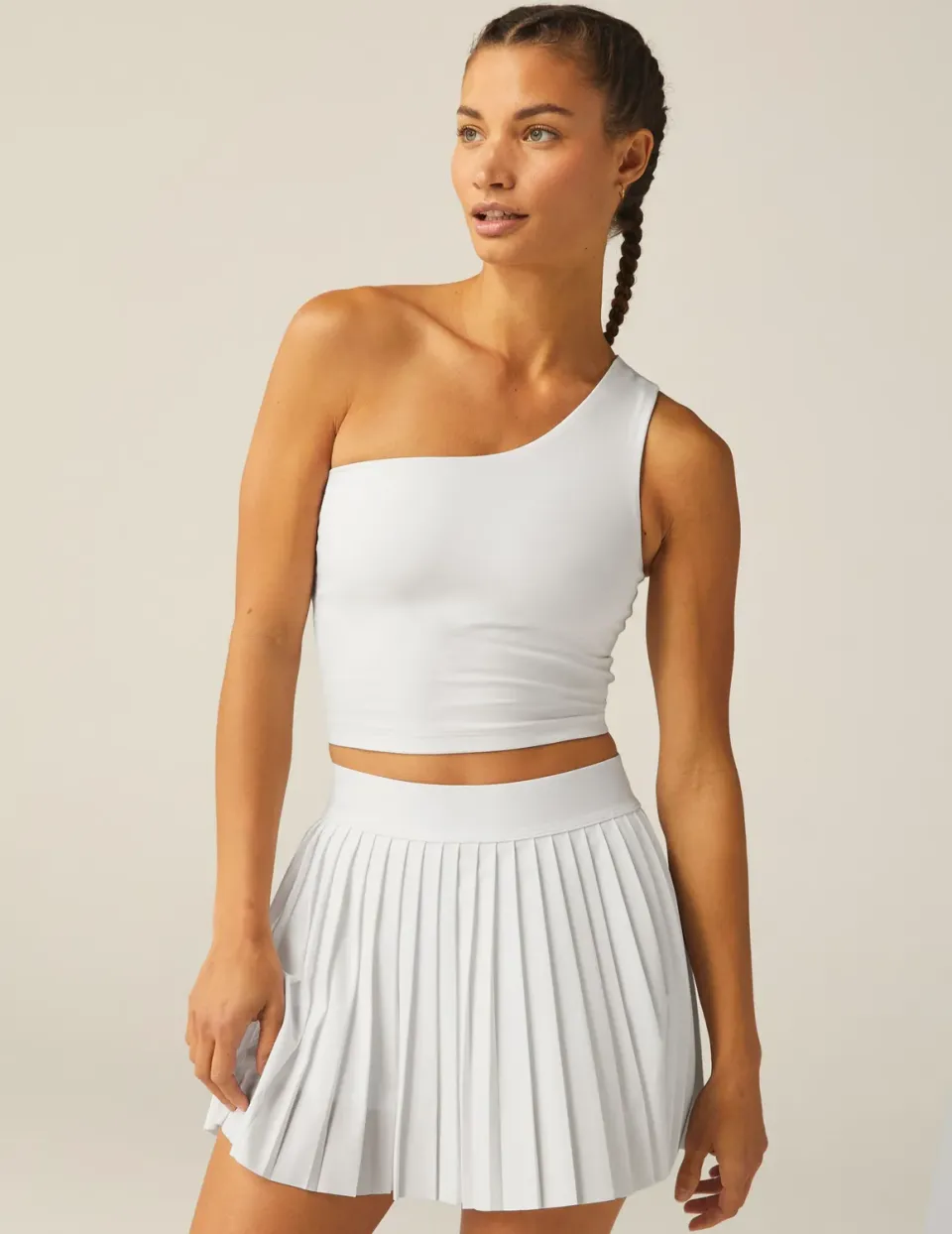 Beyond Yoga Spacedye Bold Shoulder Cropped Linne vit mediumstöd