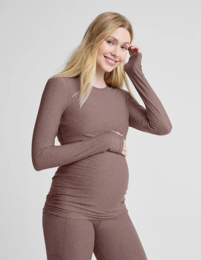 Beyond Yoga Featherweight Count On Me Maternity Crew Pullover tröja Rosey Taupe Heather gravid