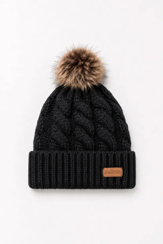 ZacZess Oulu Beanie mössa svart teddyfodrad pompom