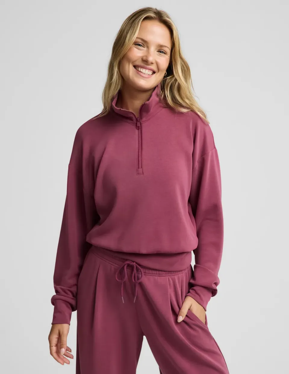Beyond Yoga Luxe Sandwash Half Zip Pullover sweatshirt Muted Mauve mjuk