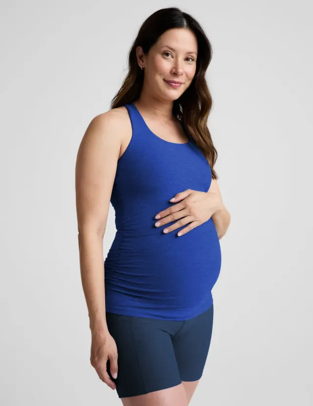 Beyond Yoga Spacedye Bases Covered Maternity Tank linne Ultra Blue Heather gravid