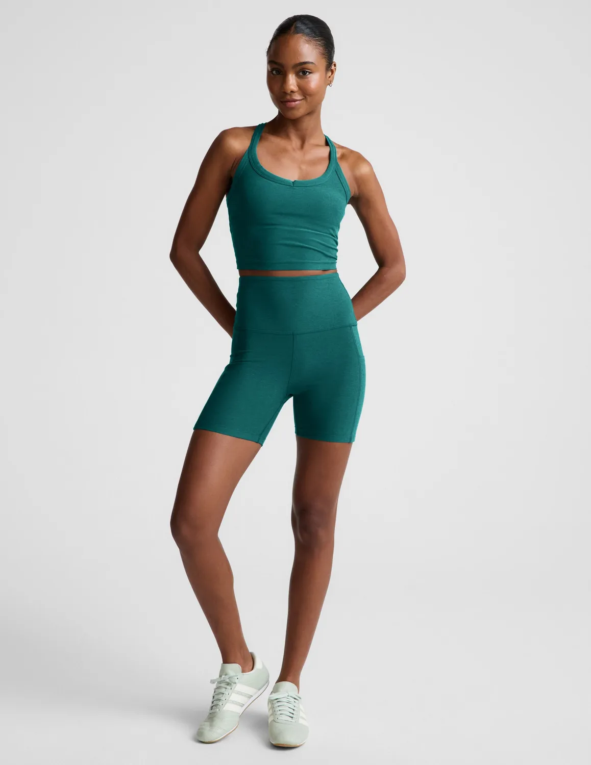 Beyond Yoga Spacedye Keep Pace 5 Pocket Shorts Teal Sea Heather med fickor