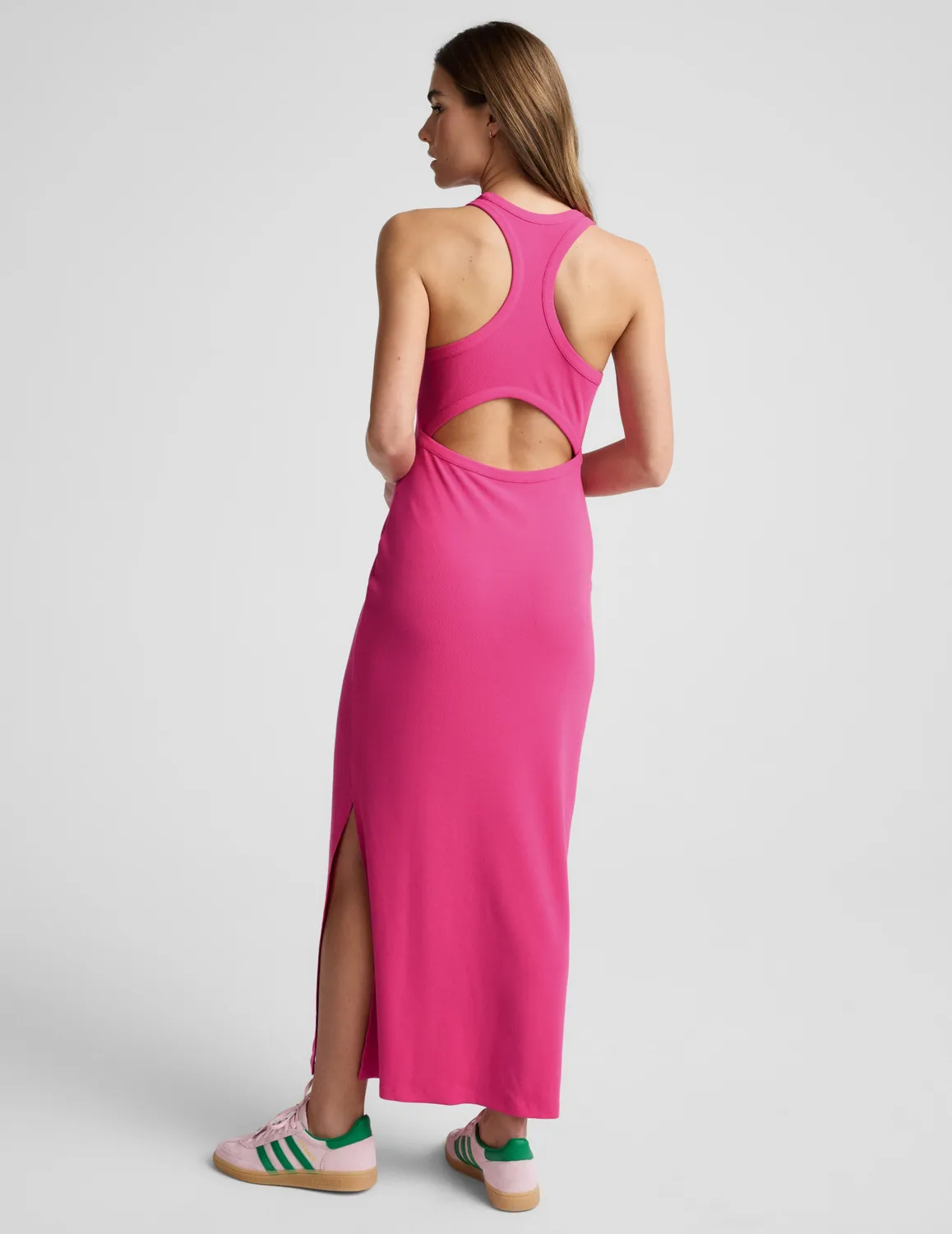 Beyond Yoga Ribbed High Neck Maxi Dress maxiklänning pink glow ribbad