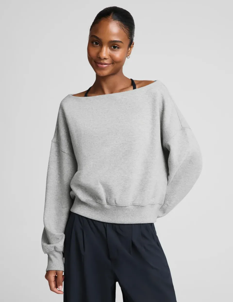 Beyond Yoga LuxeFleece 2.0 Off The Shoulder tröja Heather Gray bomull