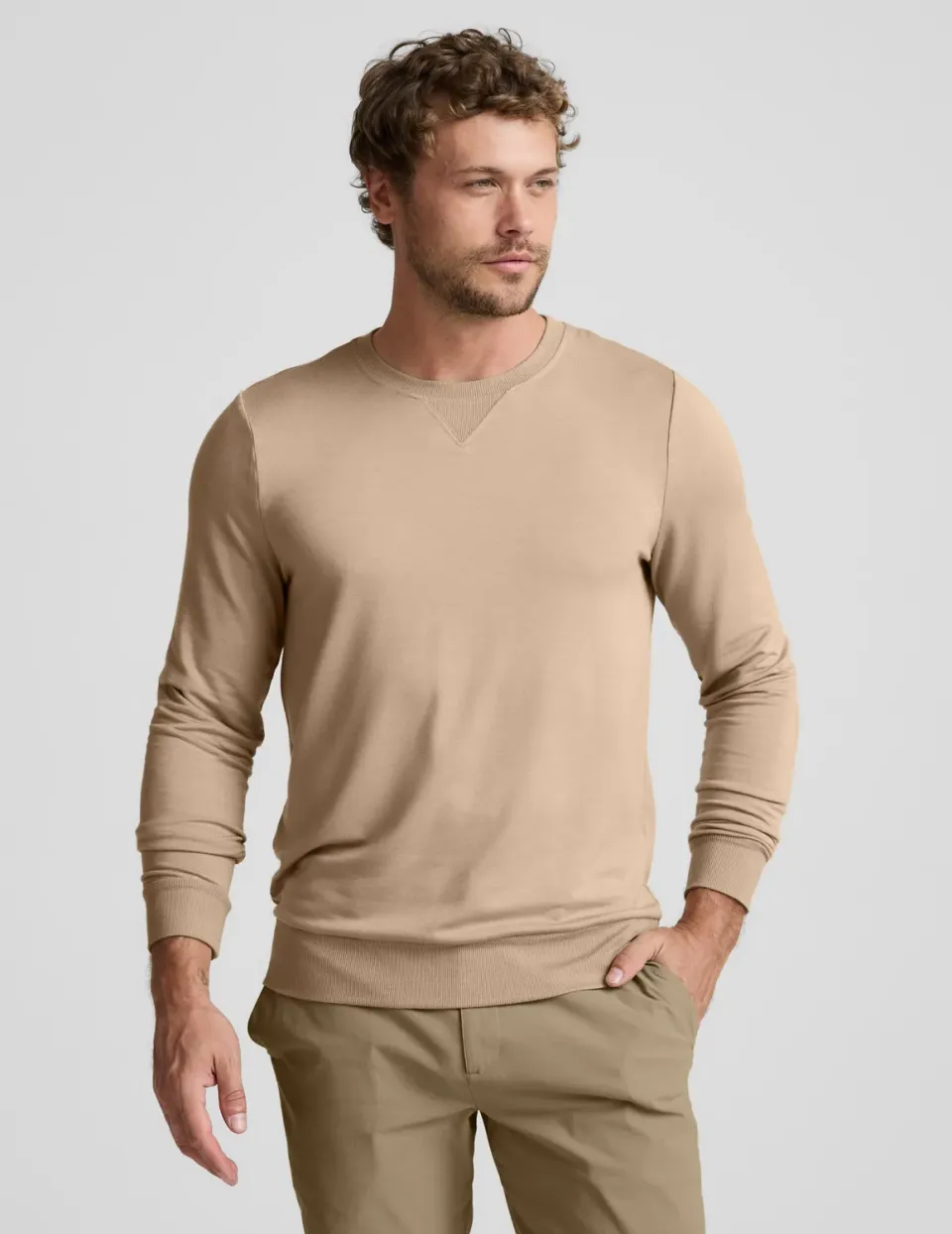 Beyond Yoga Always Beyond Crew Pullover Sweatshirt Tan Modal