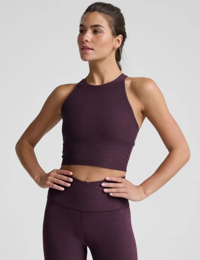 Beyond Yoga Spacedye Refocus Cropped Tank linne Eggplant Purple Heather med bh