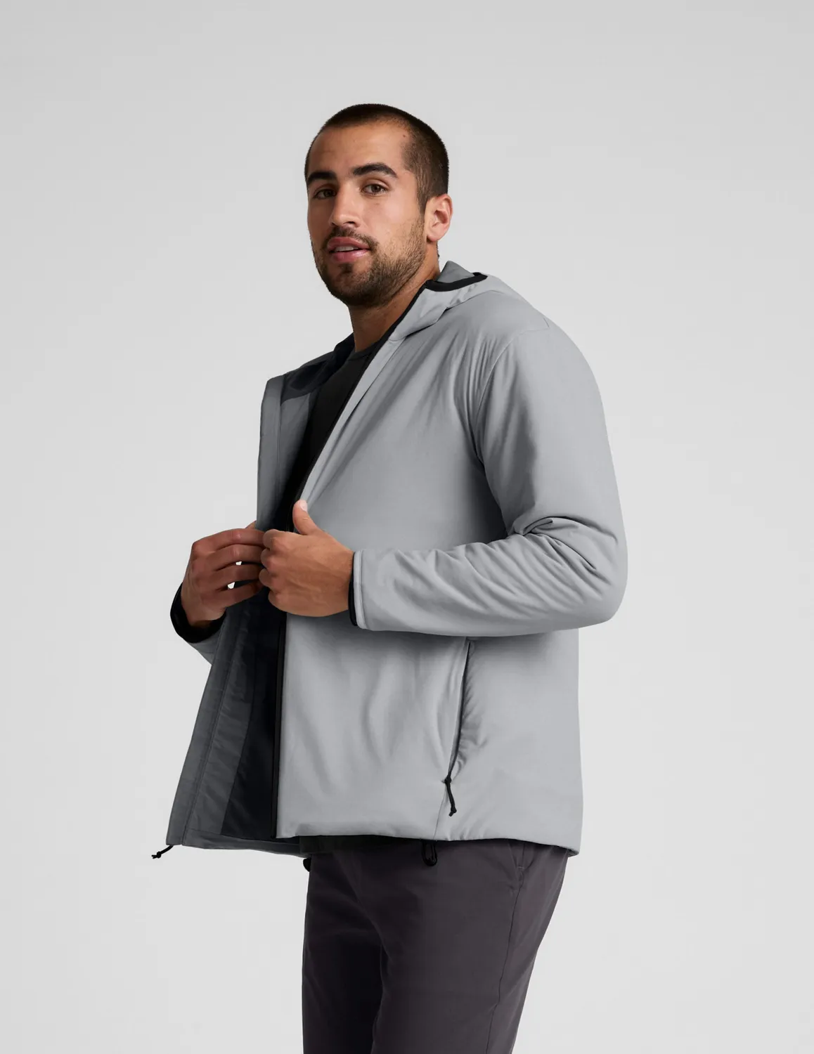 Beyond Yoga In Flight Insulated Men's Hooded Jacket jacka frostgrå