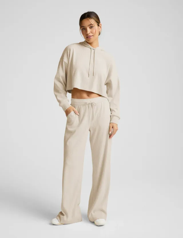 Beyond Yoga Breathe Easy Ribbed Wide Leg Pant byxor Ivory ribbade
