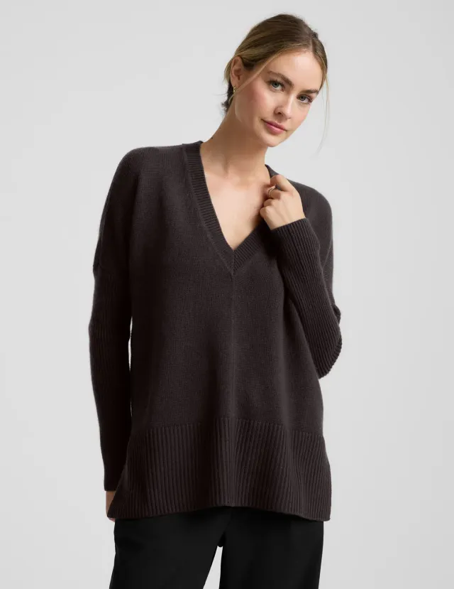 Beyond Yoga Wool-Cashmere V-Neck tröja Dark Chocolate