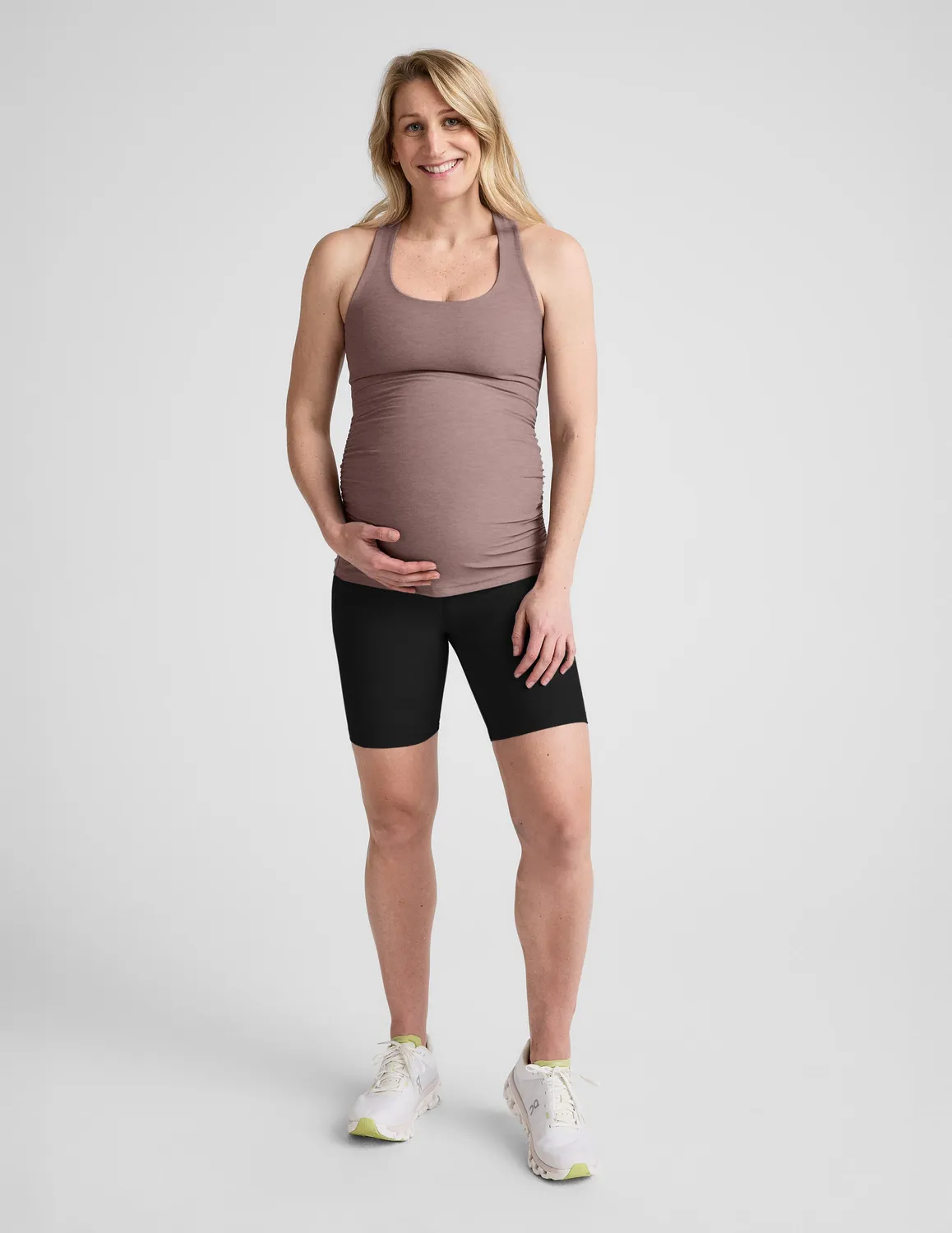 Beyond Yoga Spacedye Bases Covered Maternity Tank linne Rosey Taupe Heather gravid