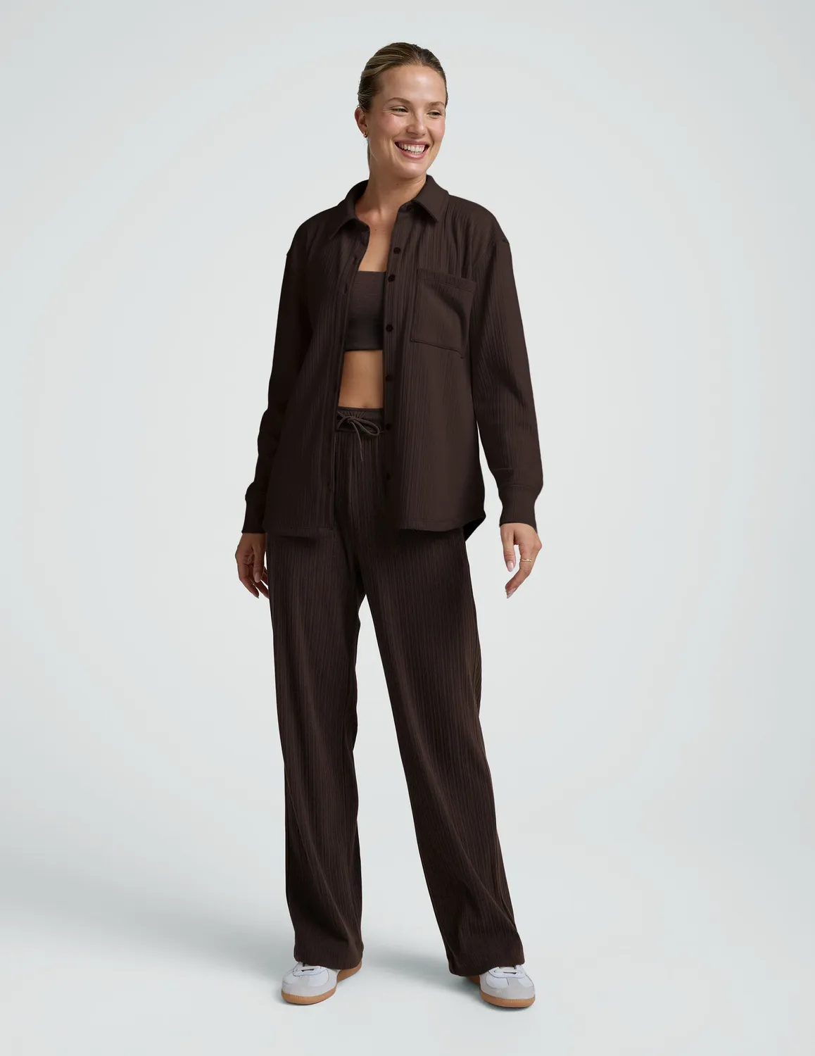 Beyond Yoga Breathe Easy Ribbed skjorta Dark Chocolate ribbad