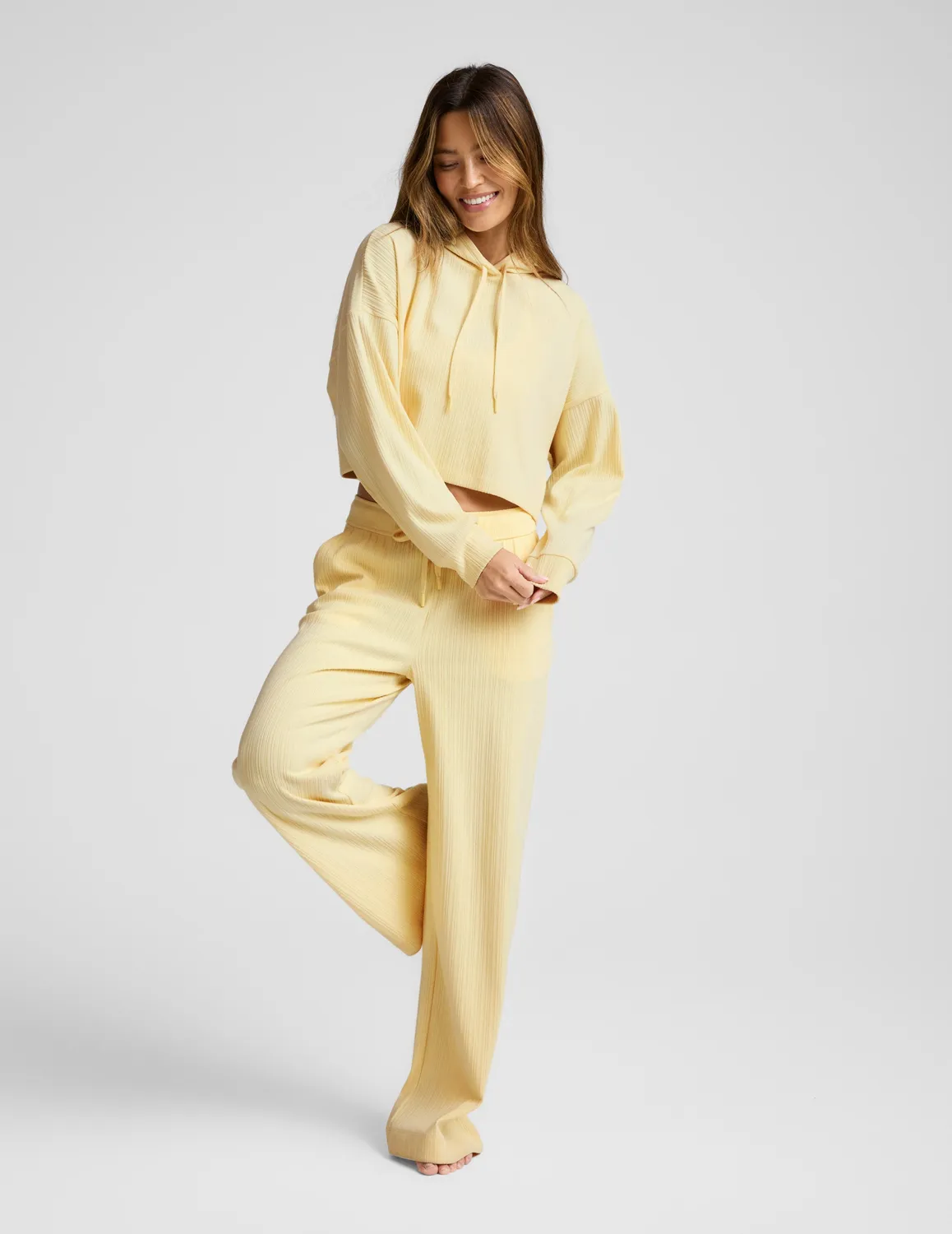 Beyond Yoga Breathe Easy Ribbed Cropped Hoodie Yellow Swirl fickor