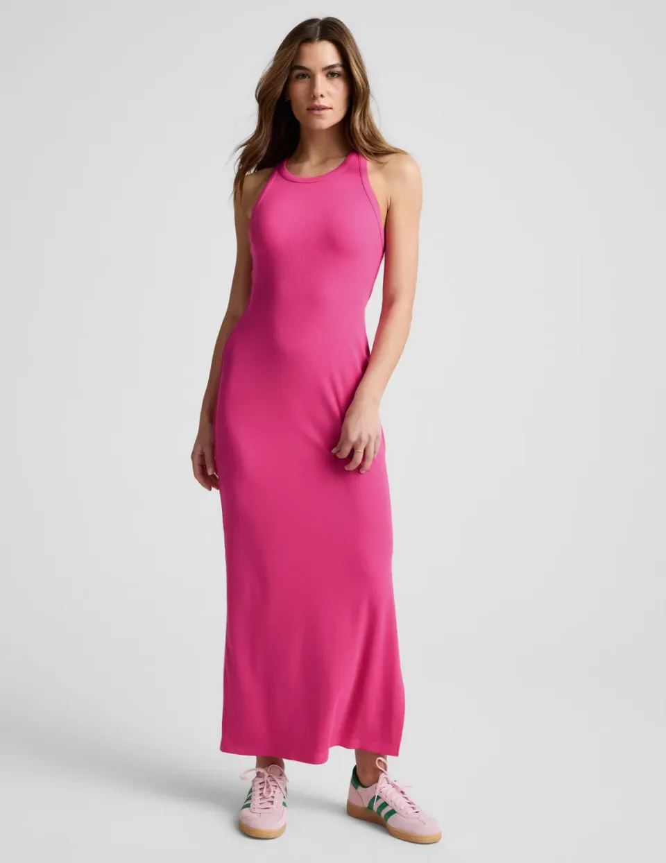 Beyond Yoga Ribbed High Neck Maxi Dress maxiklänning pink glow ribbad