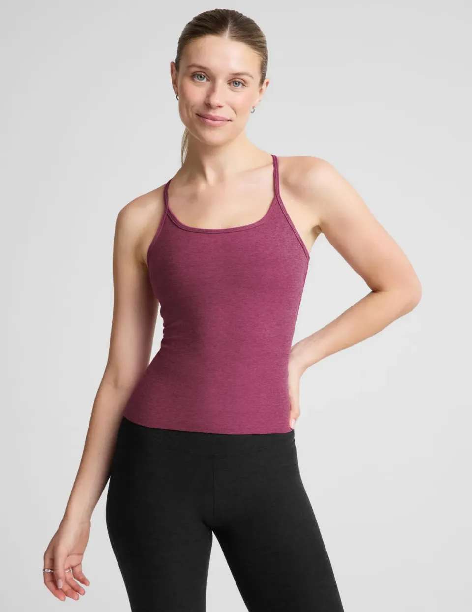 Beyond Yoga Spacedye Slim Racerback Tank linne Pomegranate Heather inbyggd bh