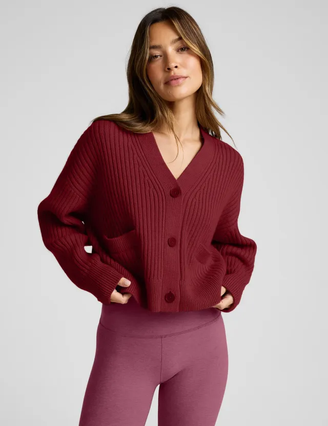 Beyond Yoga Wool Blend Cardigan kofta Burgundy mjuk ullblandning