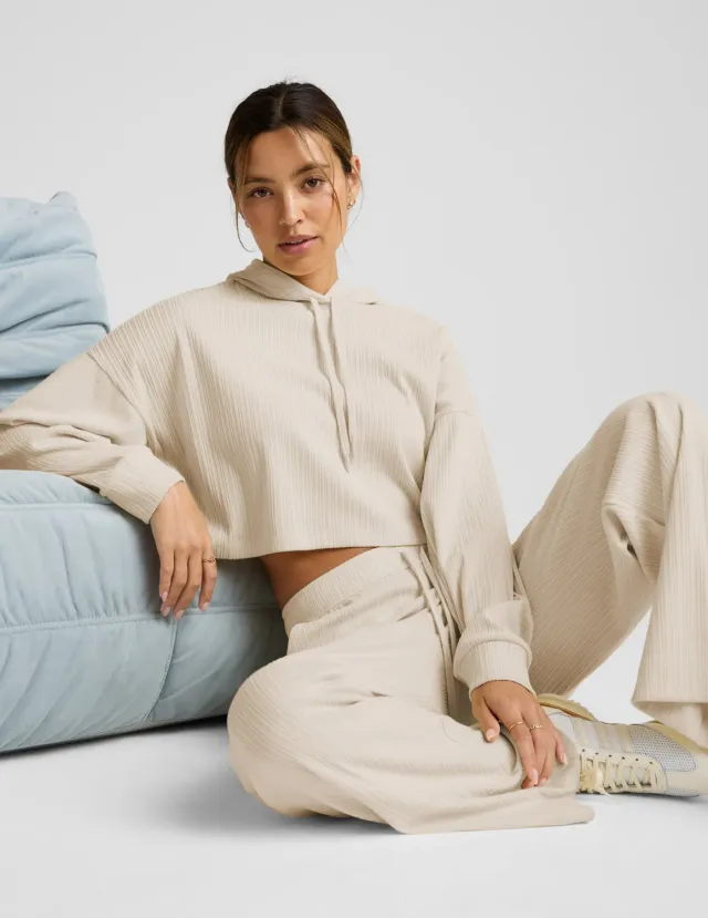 Beyond Yoga Breathe Easy Ribbed Cropped Hoodie Ivory fickor