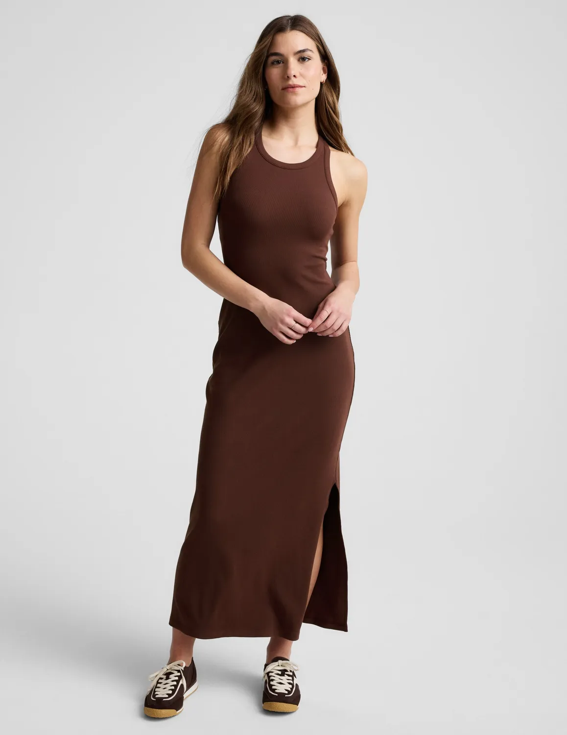 Beyond Yoga Ribbed High Neck Maxi Dress klänning Iced Mocha ribbad